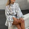 Women Elegant High Waist Tied Printed Long Sleeve A Line Short Dress