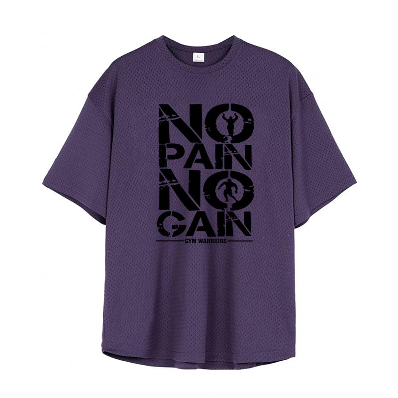 Muscleguys Men Running T-shirts NO PAIN NO GAIN Half Sleeve T Shirt Summer Oversized Dropped Shoulders Mesh Loose Tees Fitness Gym Clothing