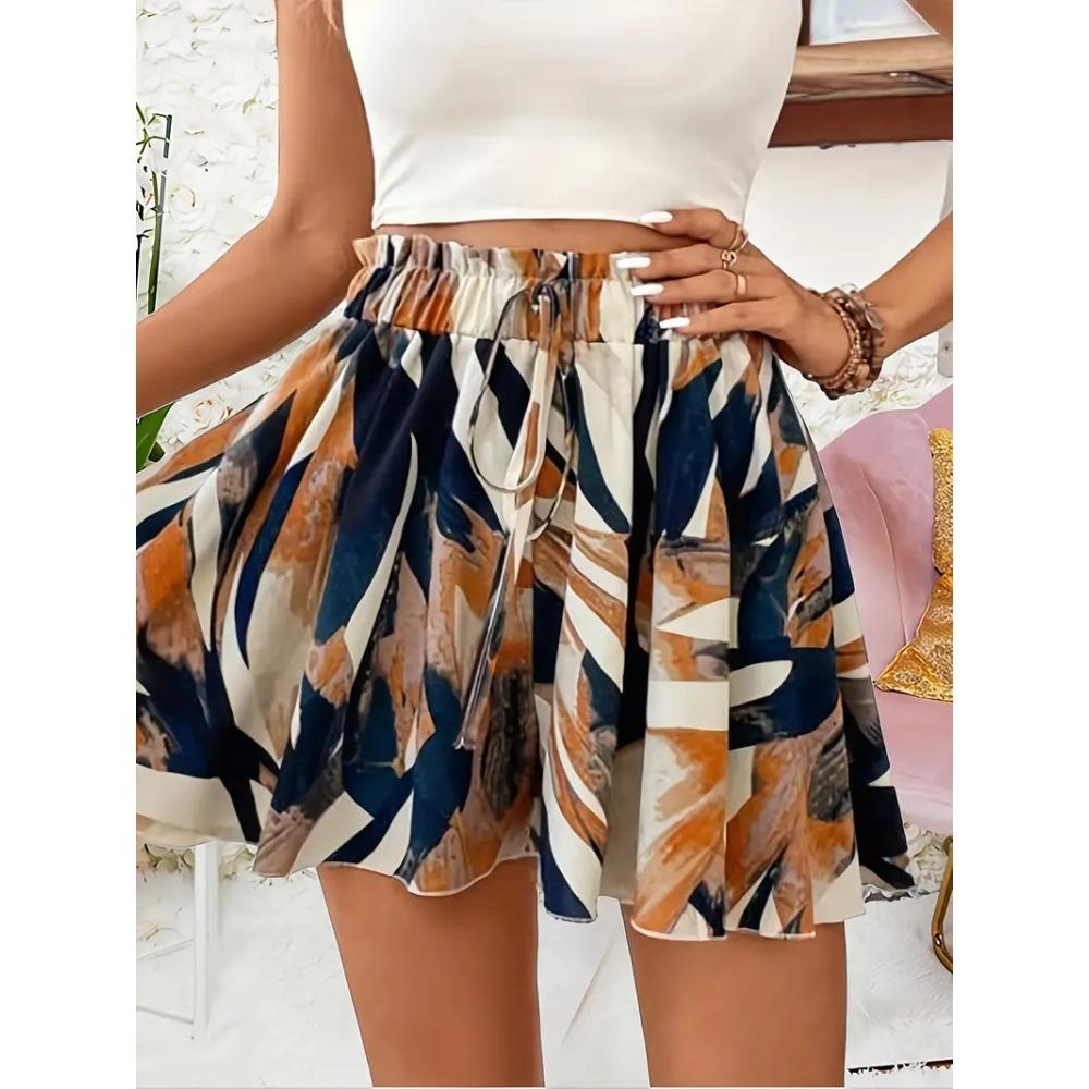 Women s Summer Printed Wide-Leg Lace-Up Shorts, Fashionable and Elegant Vacation Beach Skirt Women s Beach Vacation Printed Mini Skirt S