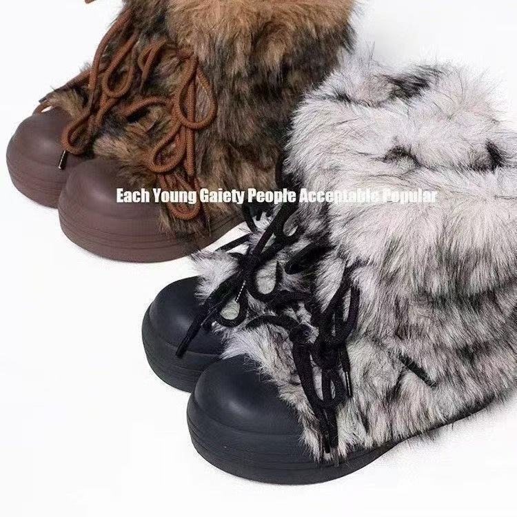 Cold-proof thick-soled big-headed snow boots Winter new Millennium Spice Girls fluffy boots Plush short boots cloth