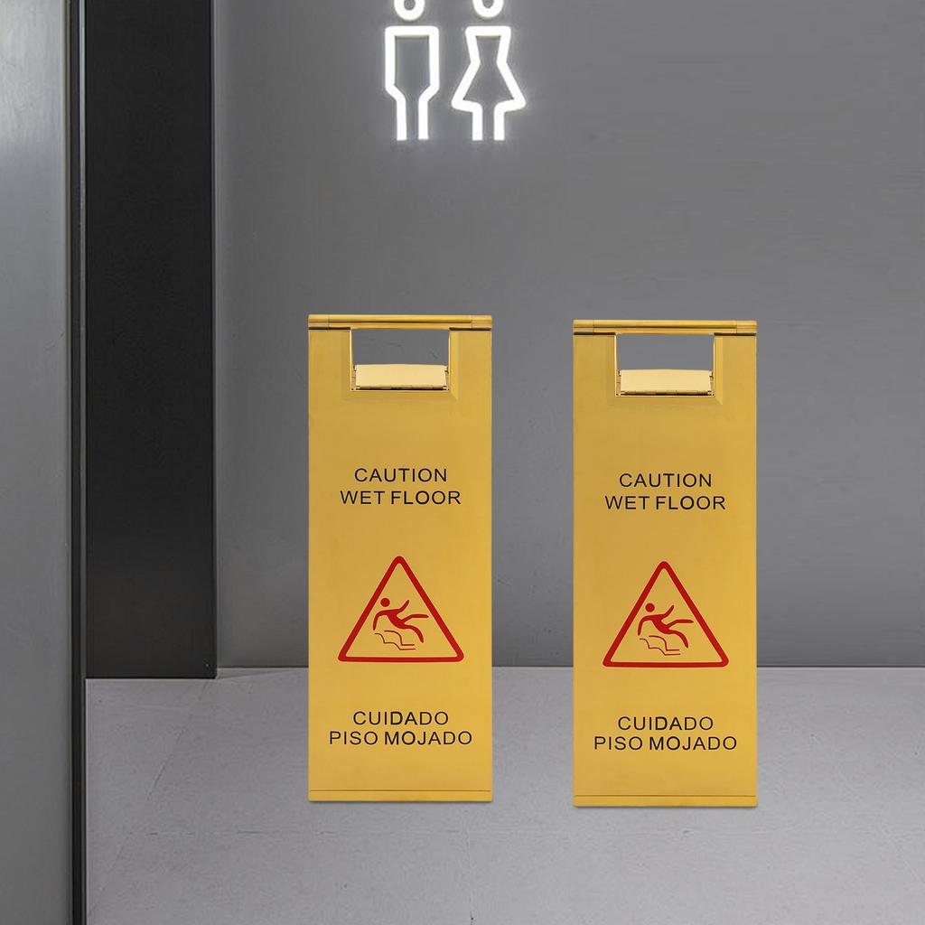 2pcs 24In Stainless Steel Floor Slip Warning Signs, Gold Foldable A-shaped Wet Floor Identification for Schools & Shopping Malls
