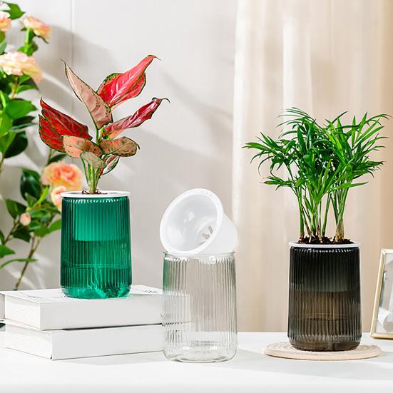 Self Watering Plant Pot Clear with Wick Ropes Plastic Flower Pot Water Reservoir Vertical Stripes Design
