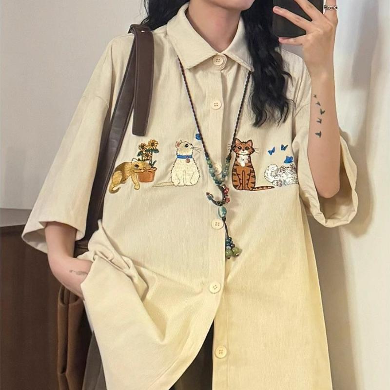 Niedliches Katze Besticktes Damen Freizeit Hemd Revers Kurzarm Einfarbig Locker Hemden Sommer Einreihig Schicke Oberteile