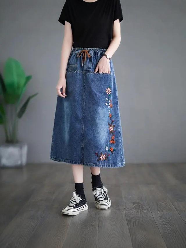 2026 Summer Women's Embroidered Denim Skirt: Elastic Waist, Mid-Length A-line, Retro Artistic Style