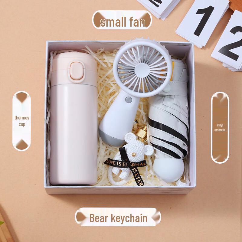 Summer Cooling Essentials Gift Set Thermos, Fan, Umbrella, Keychain Bundle
