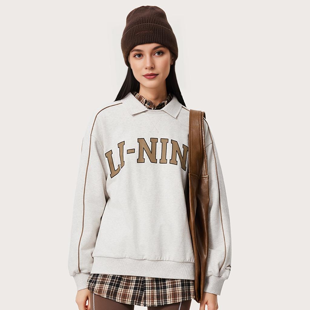 Li Ning Sports Lifestyle Series High Street American Vintage Letter Polo Neck Pullover Long Sleeve Sweatshirt Women sweatshirt AWDUD00-1
