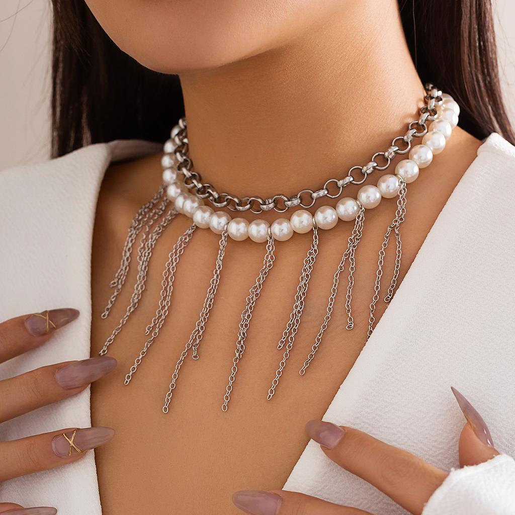 Ingemark 2Pcs Multilayer Imitation Pearl Tassel Link Chain Necklace for Women Vintage Beads Choker Y2K Jewelry Wed Accessories