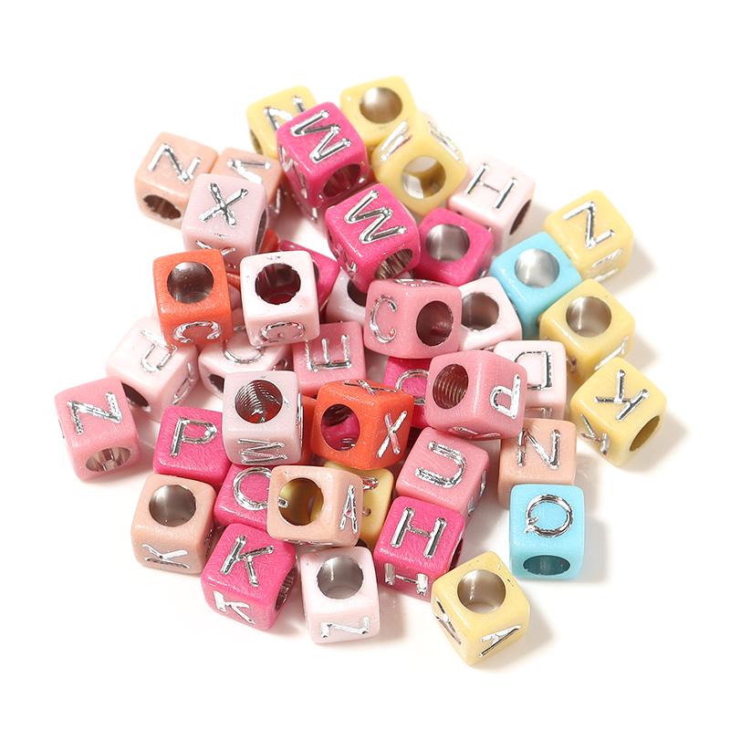 100pcs/lot 6mm Electroplated Acrylic Alphabet Beads Square Big Hole Loose Letter Beads For DIY Fashion Bracelet Necklace Jewelry