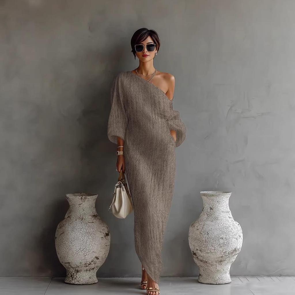 Spring/Summer 2026 Europe High-end Women's Long Sleeve Off-the-Shoulder Mid-Waist Pullover Dress