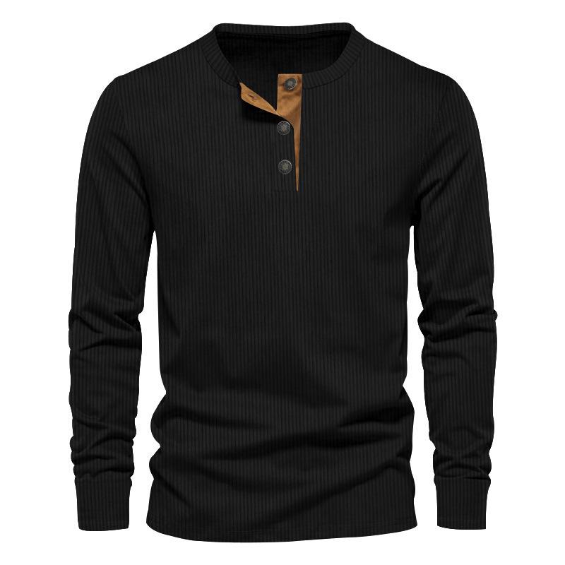 Men s 2026 Corduroy Henley Slim Fit Long Sleeve T-Shirt S чёрный