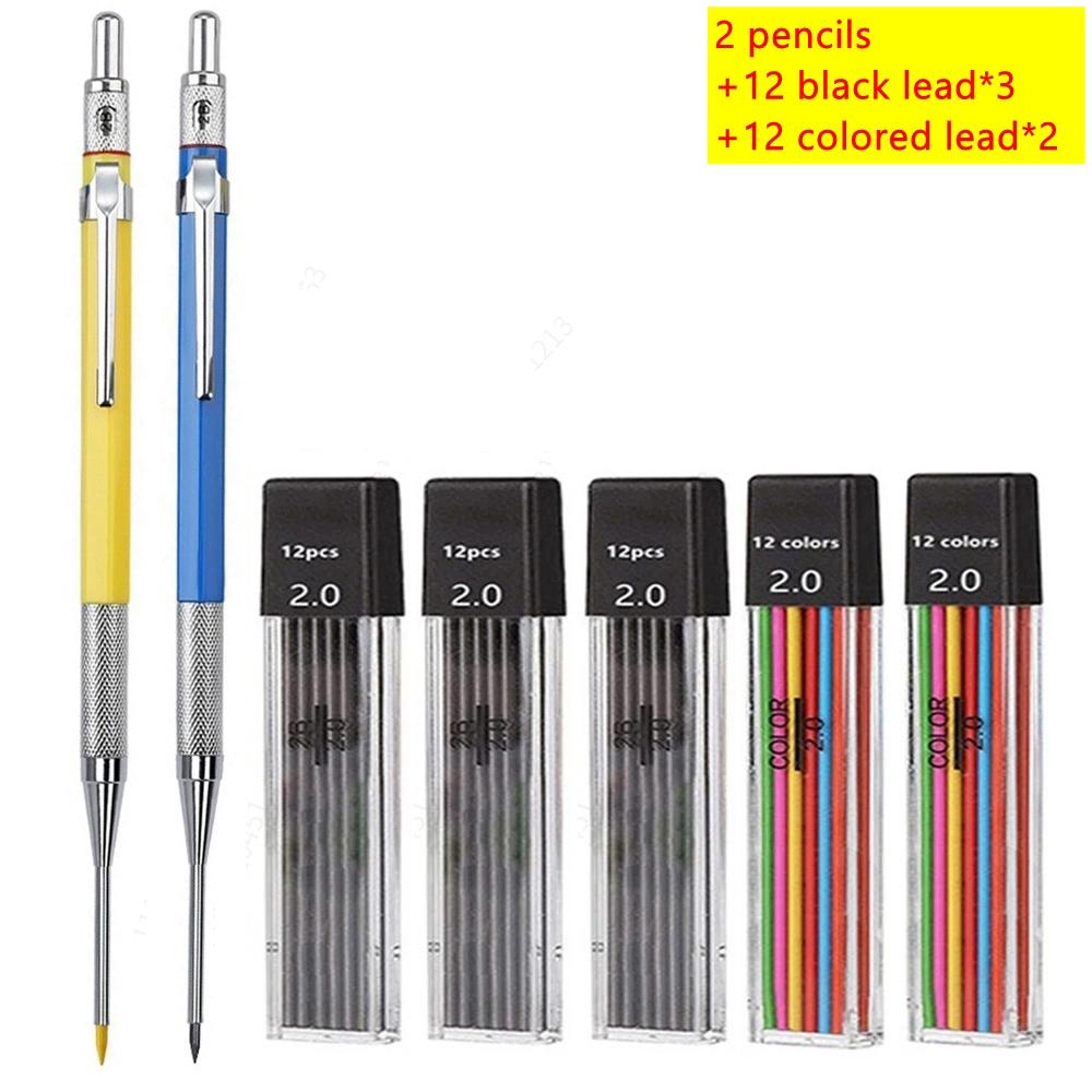 30mm Deep Hole Long Nib Mechanical Pencil Set Solid Carpenter Woodworking Tools 2.0mm 12 Colors Refill Construction Tools