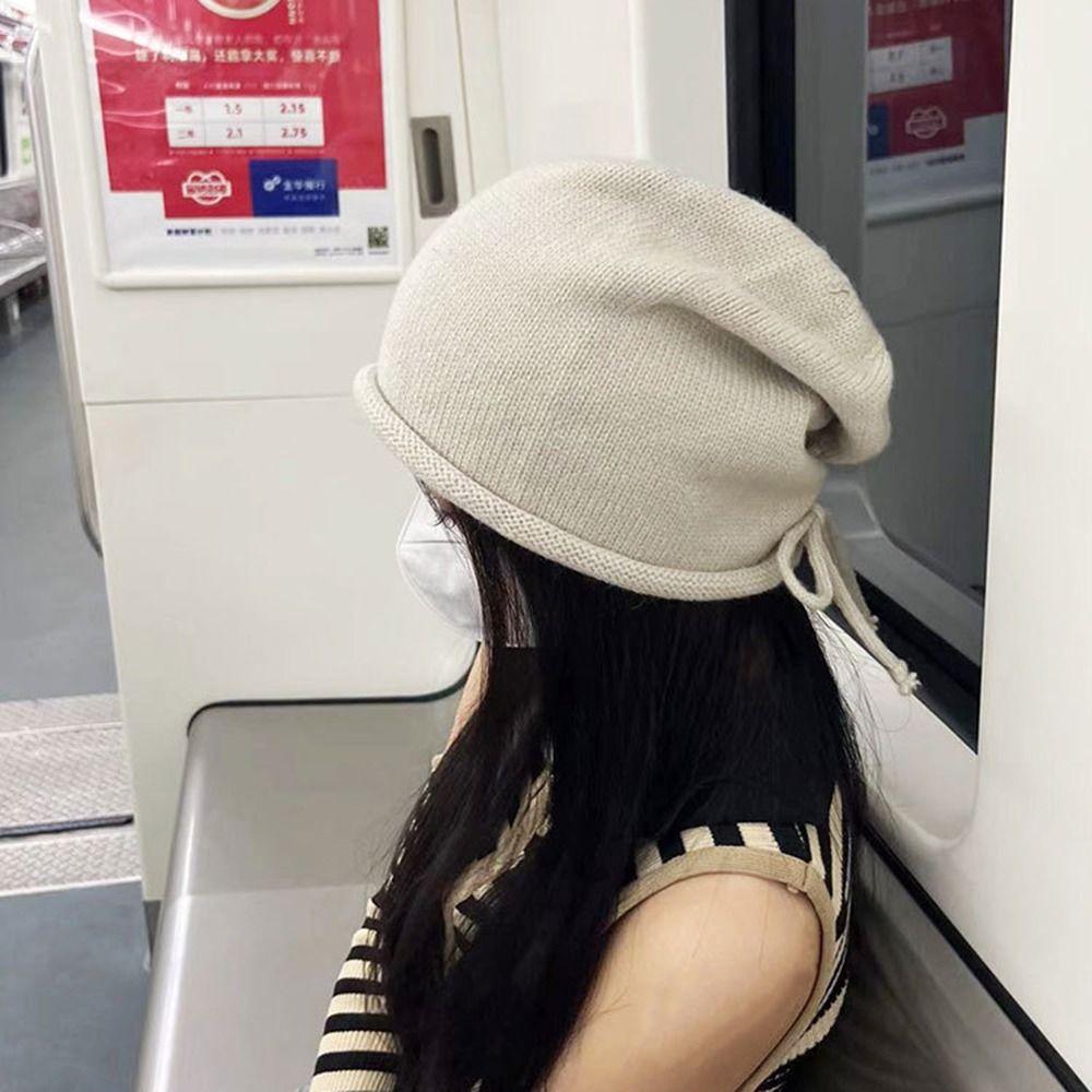 Ear Protection Knitted Baggy Beanie Hat Soft Winter Knitted Cap Solid Color Pullover Hat  Ladies
