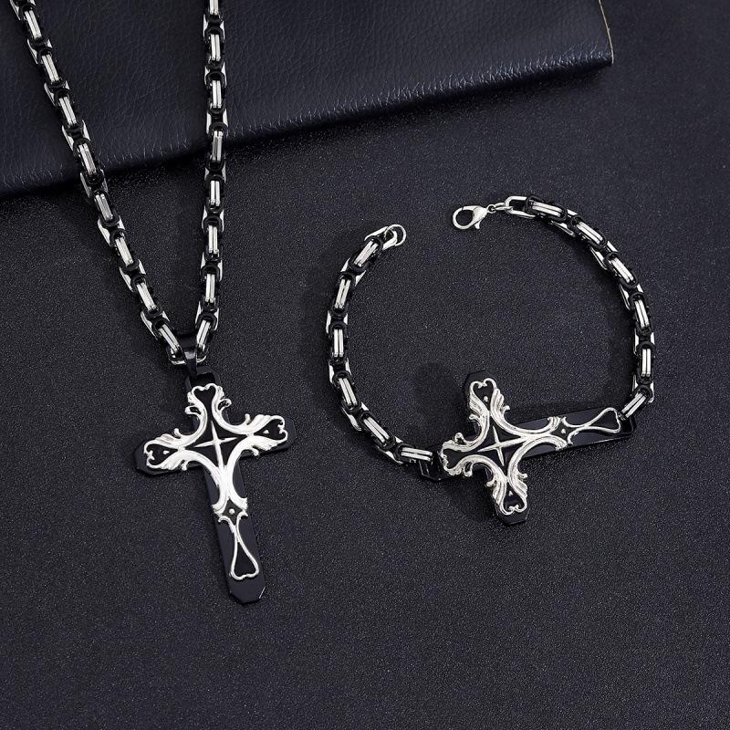 Vintage Cross Pendant Necklace & Bracelet Set - Unisex Fashion Jewelry