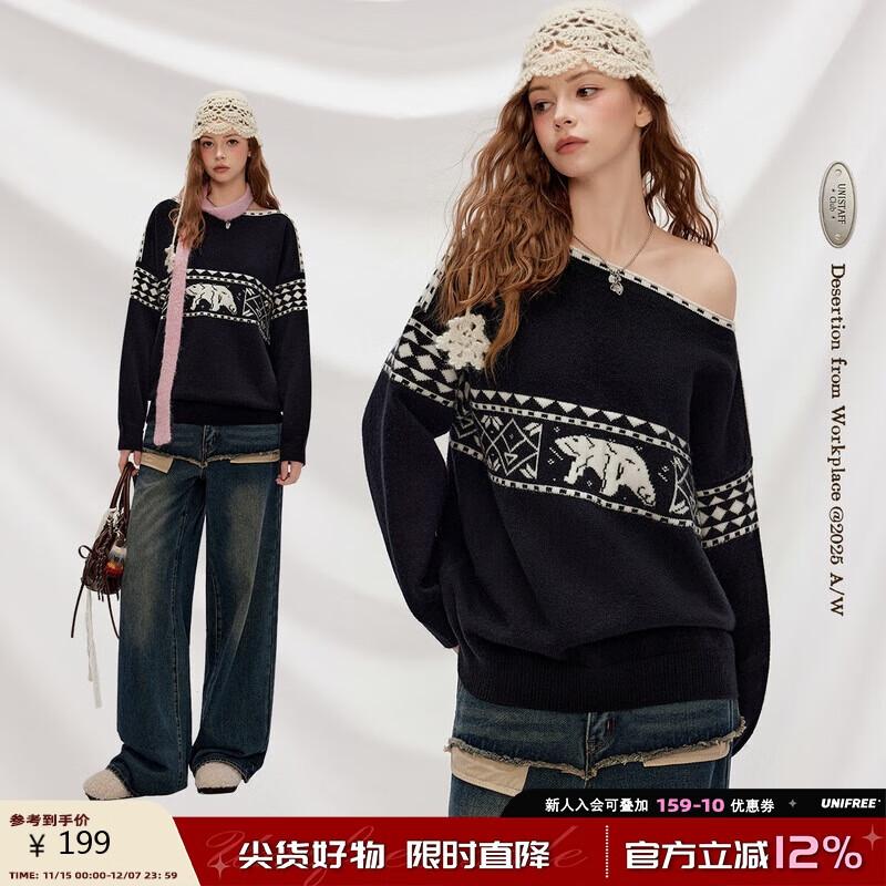 

UNIFREE Women s Retro Fair Isle Jacquard One-Shoulder Pullover Sweater One Size