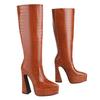 Yellow Faux Crocodile Leather Knee High Platform Boots Women Thick Heels Winter Dress Party Pointed Toe Plush Slip-on Long Boots