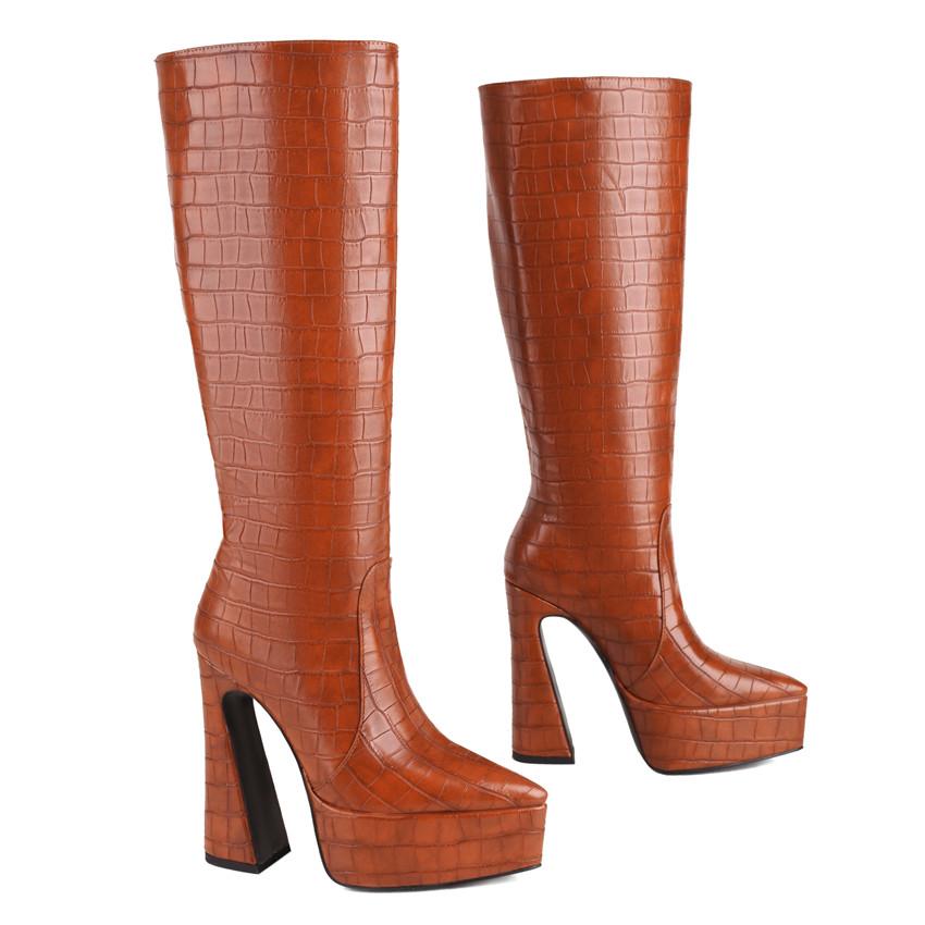 Yellow Faux Crocodile Leather Knee High Platform Boots Women Thick Heels Winter Dress Party Pointed Toe Plush Slip-on Long Boots