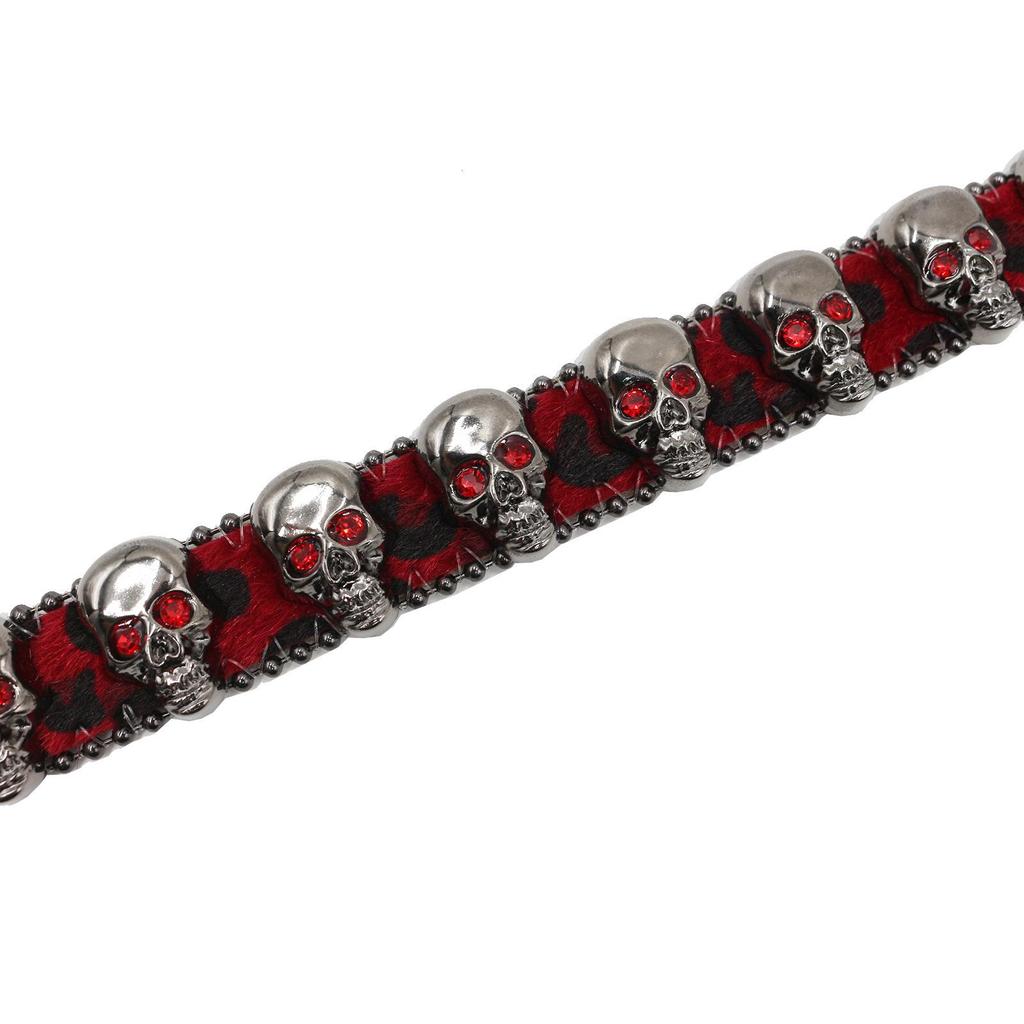 Leopard Print Women's Belt with Skull Design and Rhinestone Pin Buckle - Hip Hop Nightclub Style