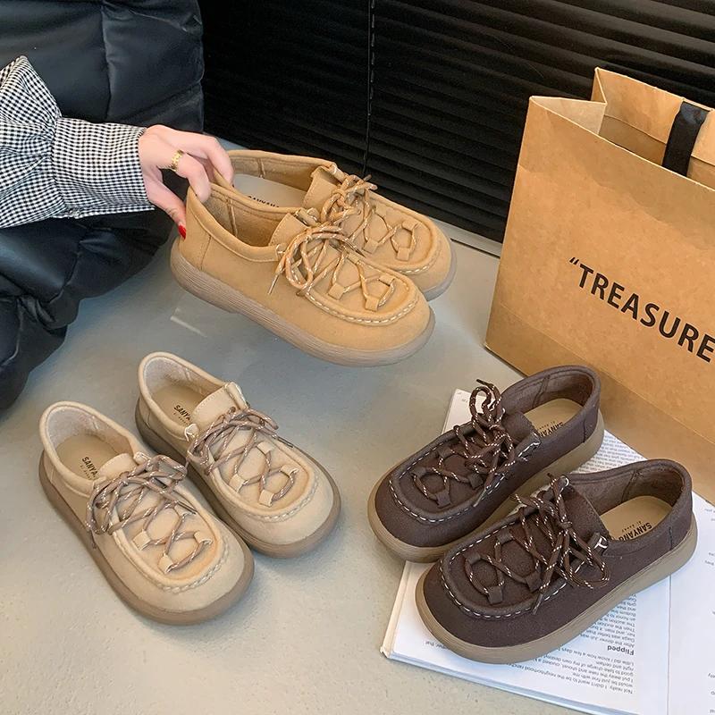 Women's Casual Shoes Suede  Straps Flat Shoes Women Leisure Round Heel Flannel Spring Round Heel Retro Zapatillas De Mujer