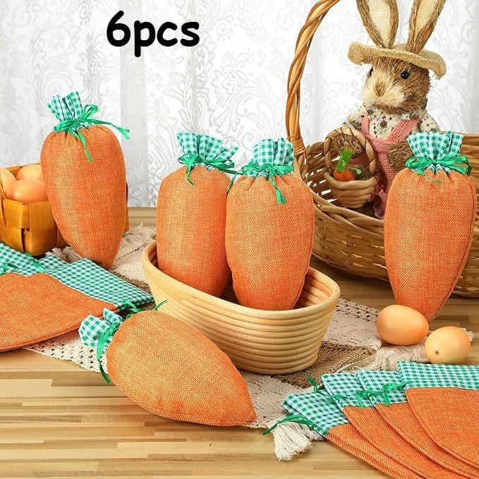 

6pcs Linen Carrot-Shaped Drawstring Gift Bags, Easter Candy Pouches, Decorative Bags for Party Favors and Foodie Packaging 15x25cm