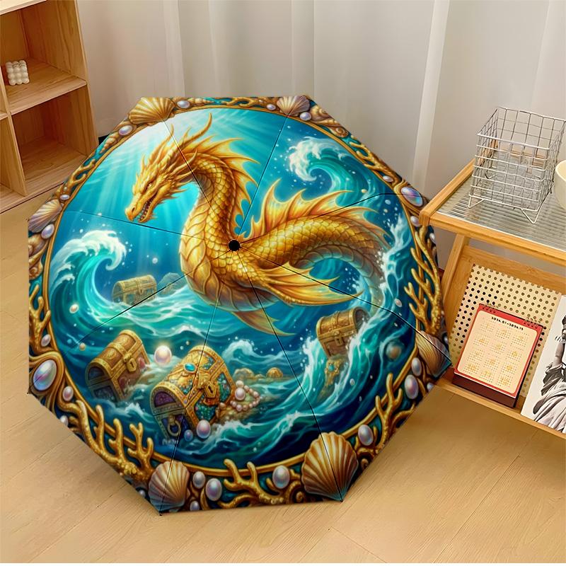 

Golden Hearts at Beach Printed umbrella windproof folding umbrella portable sun and rain umbrella suitable for gifting