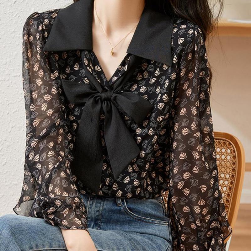 New Spring, Summer and Autumn Fashion Long-sleeved Blouse, Floral Chiffon Shirt, Ladies Chic Pretty Commuter Temperament Shirt