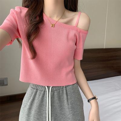 High End Chic and Beautiful T-shirt with Slanted Collar and Open Shoulder Short Knitted Top Summer Ice Silk Shoulder T-shirt Short Sleeved