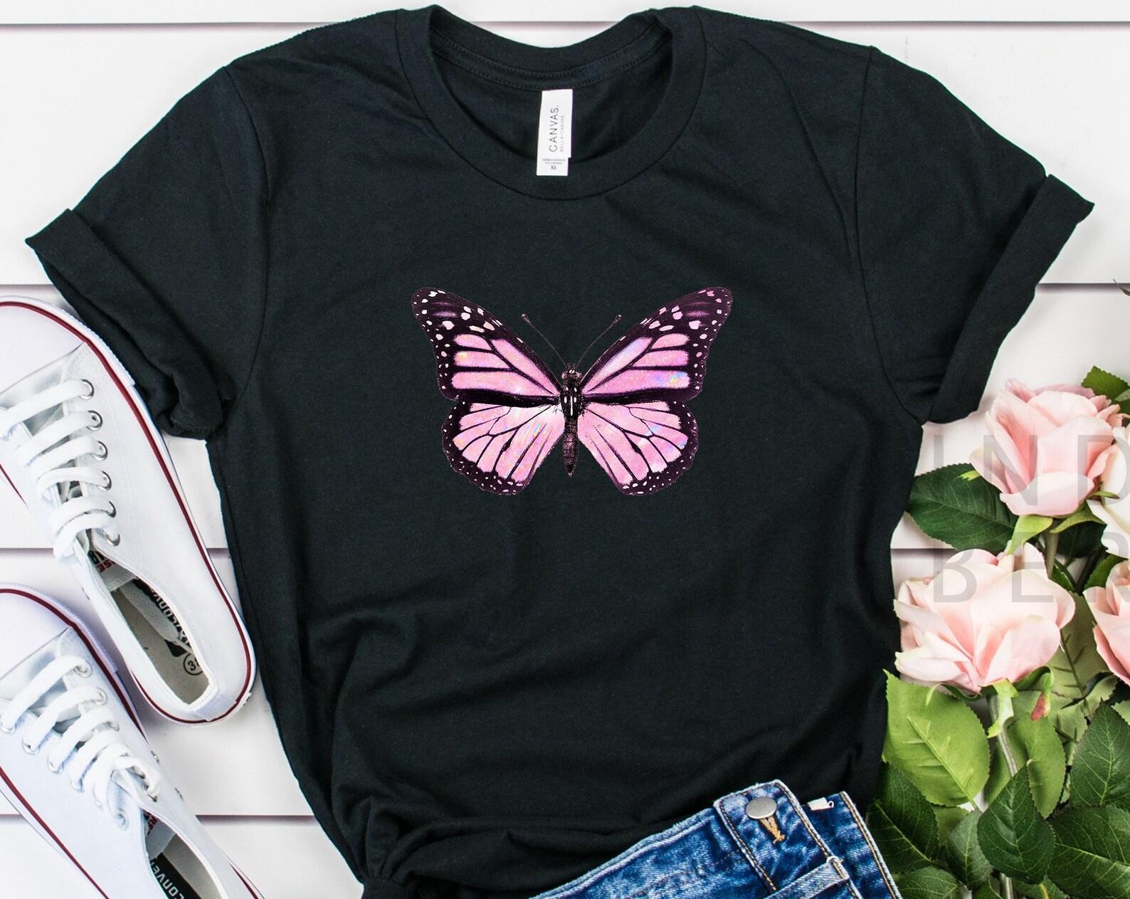 Pink Butterfly Shirt, Soft Butterfly Shirt, Women s Butterfly Shirt, Monarch Butterfly T Shirt, Aesthetic Clothing, Mariposa Butterfly 4XL