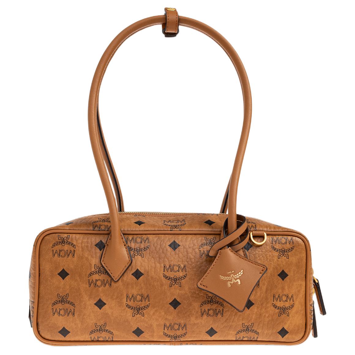 MCM Aren Letter Logo Reli&euml;f Leer Schoudertas Klein Dames schoudertas Cognac MWSGSTA02CO001 Basic Set (Bag+Dust Bag)
