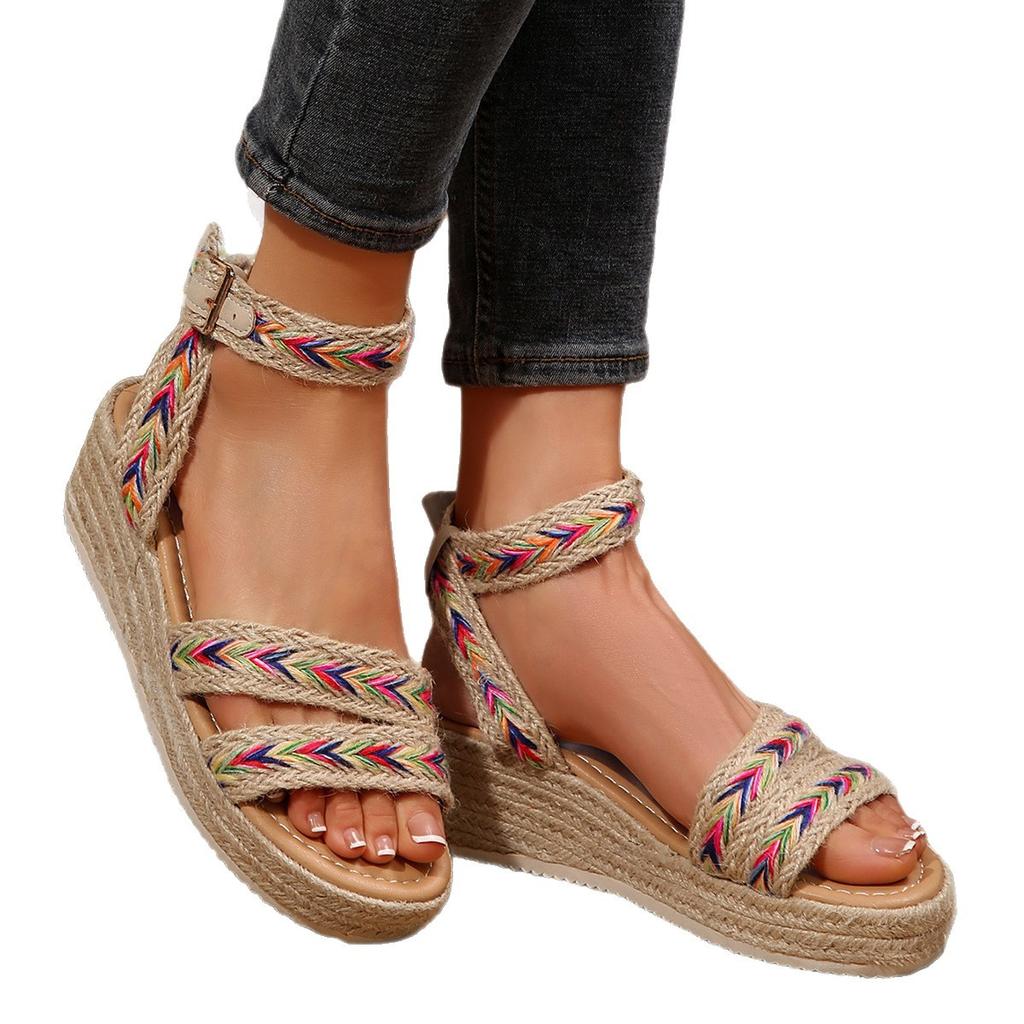 Sandals Bohemian wedge heel super high heel sandals open-toed platform wedge heel high heels straw sandals