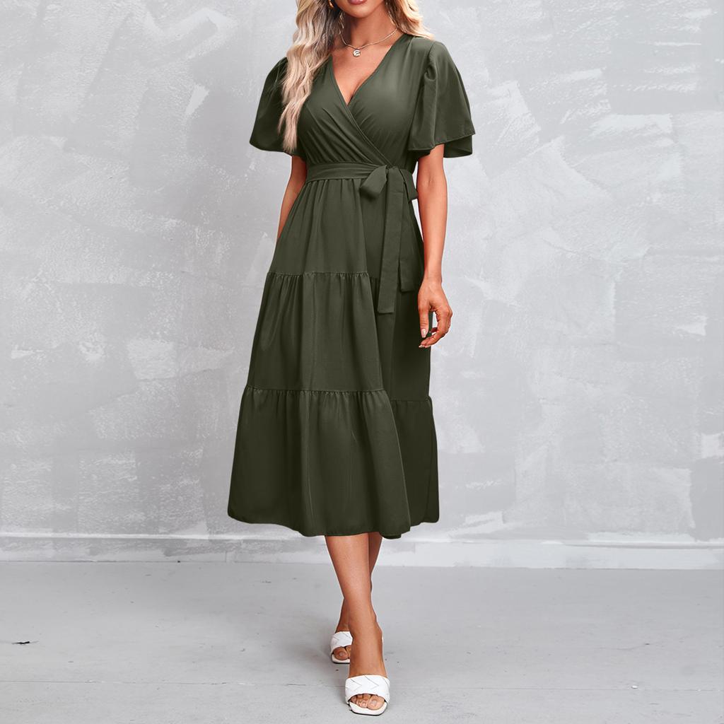 Modisches Damen Sommerkleid in Farbe mit V-Ausschnitt, kurzen Ärmeln und Bindung für den Strandurlaub