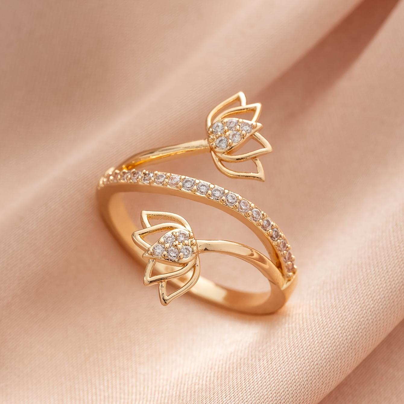 

Elegant Lady Lotus Flower Ring Synthetic Zirconia Micro-Set Charm Fashion Jewelry for Banquet Music Festival Party золотистый