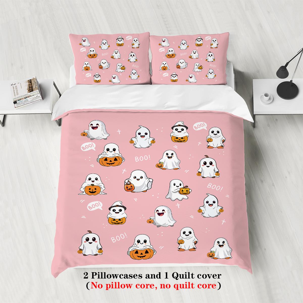 

3pcs Pink Bedding Set Happy Halloween Ghost Print Cozy Soft Duvet Cover King Queen Twin Size Halloween Gift Adult Bedroom Decor EU Single 135x200cm