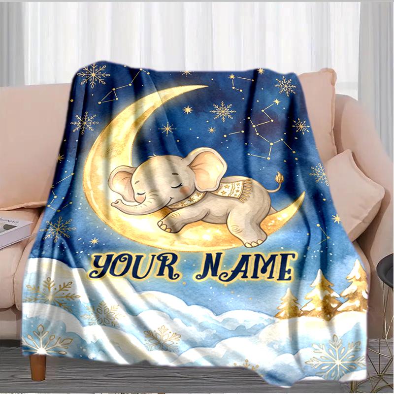 1PC Custom Name Elegant Elephant Moon Night blanket versatile,all-season throw suitable for the living room,bedroom,camping,travel,and gift