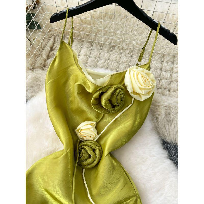 High-End Light Luxury Niche Three-Dimensional Flower Slim-Fit Long Sexy Split over-the-Knee Suspender Dress for Women