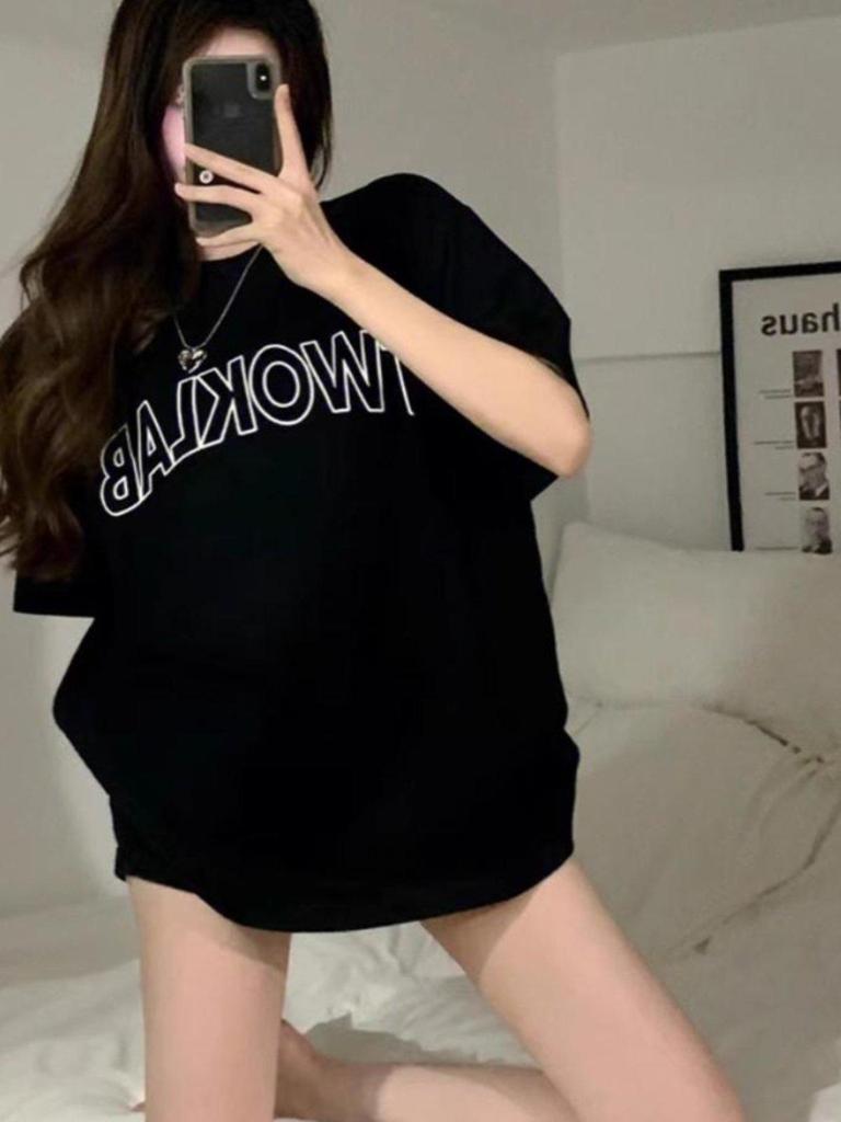 Women's Plus Size Retro Letter Print Short Sleeve T-shirt - Summer Loose Fit, Hong Kong Style