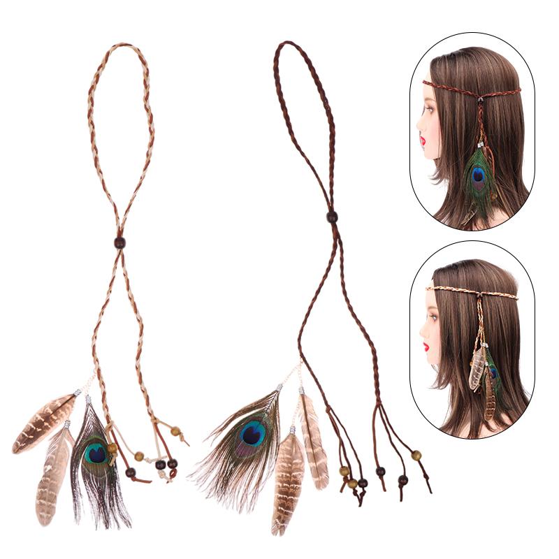 Retro Boho Peacock Feather Braided Rope Headband Hairband Women Headgear Feather Headdress Indian Headwear Hair Accessories Gift