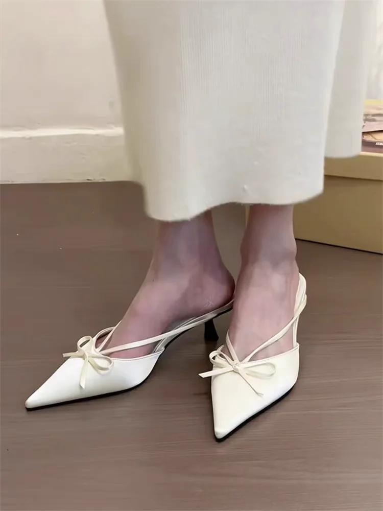 Summer Bow Women's Backless High Heels Sandals Fashion Dress Low-heeled Outdoor Party Pointed Slippers Large Size 2025