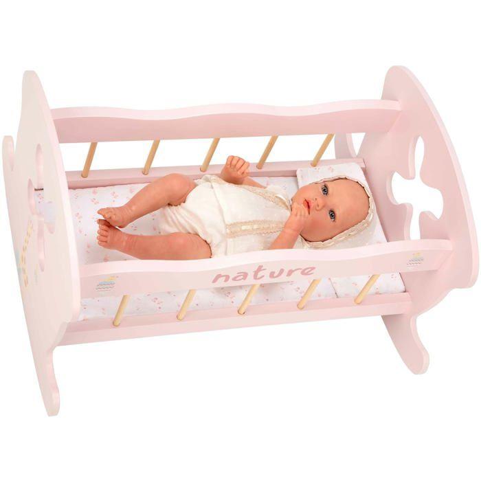 Lit à bascule en bois - Arias - 50x39,5x29,5 cm - Rose - Oreiller inclus - Couvre-lit assorti - À partir de 3 ans