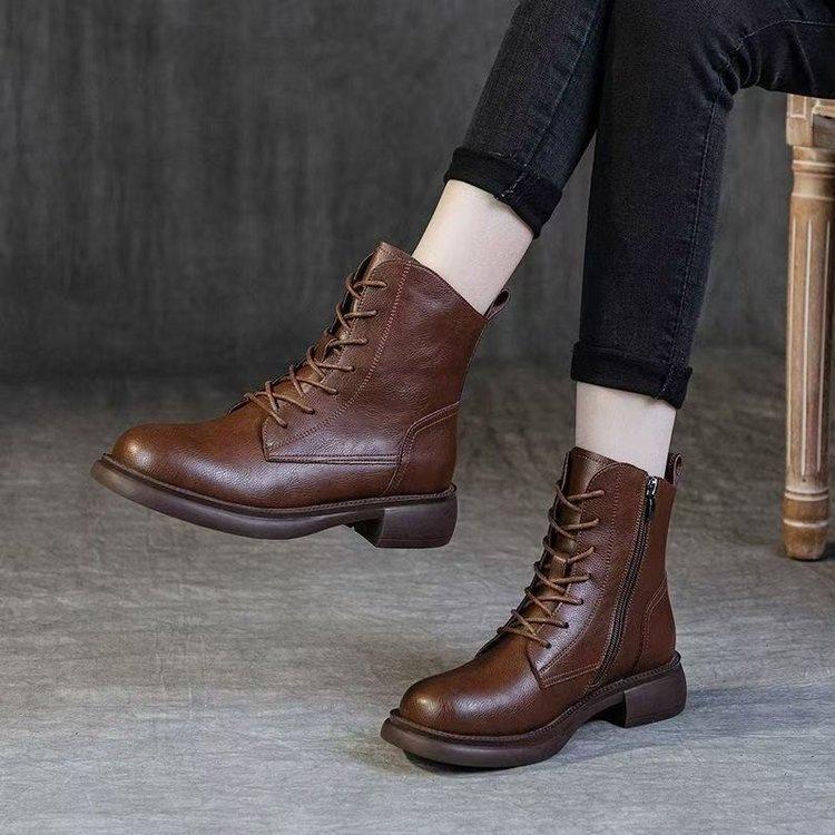 Fashion Martin Boots Women's British Style Short Boots 2025 Autumn and Winter New Soft Leather Thick Heel Single Boots Thick-soled Velvet Boots
