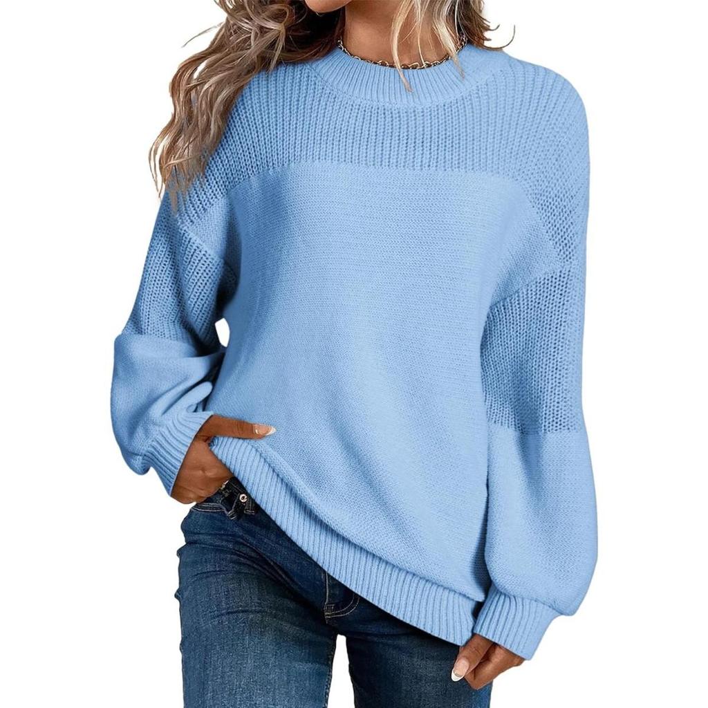 Autumn Winter New Women's Solid Color Lantern Sleeve Round Neck Long Sleeve Pullover Knitted Sweater Top