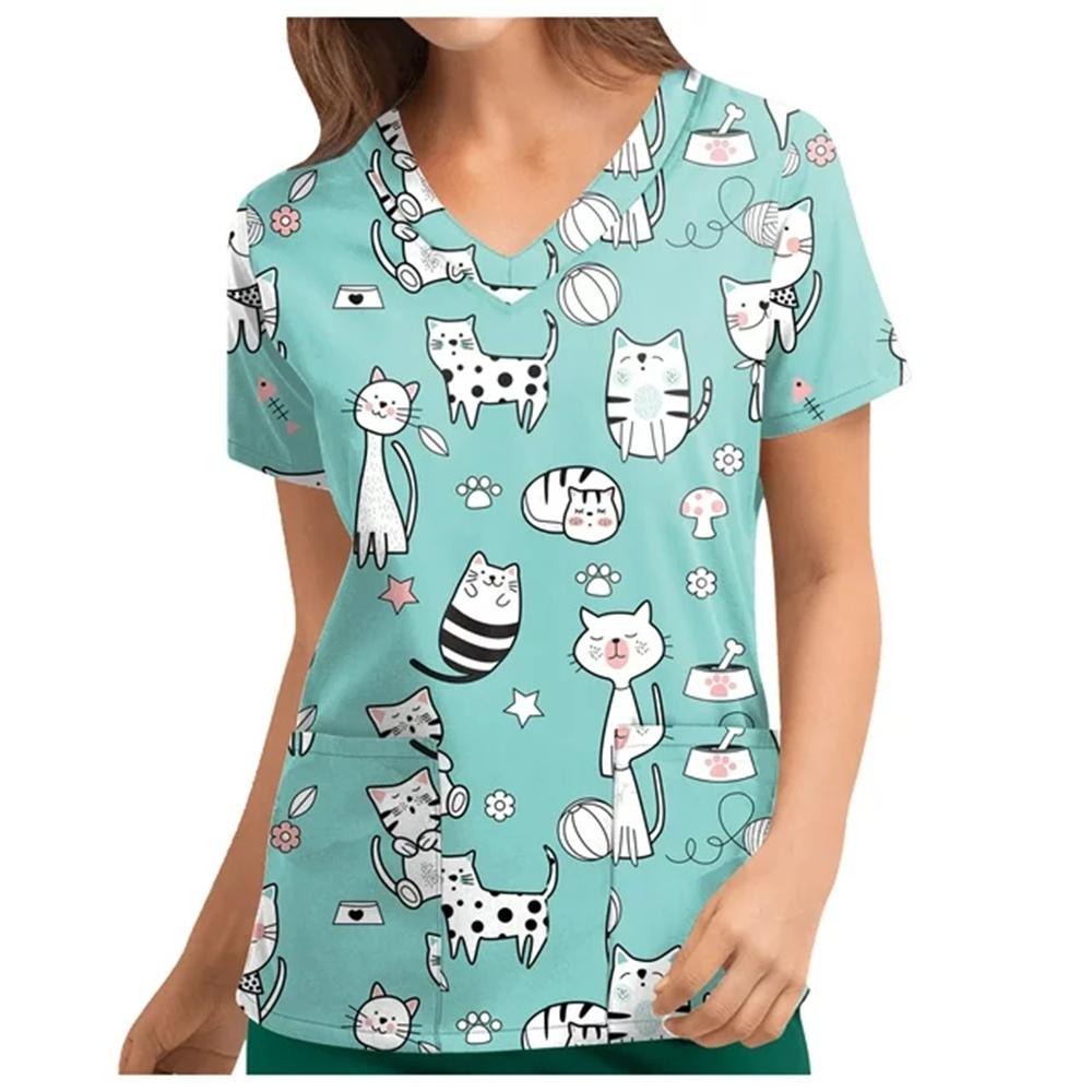 Summer V Neck Scrub Top Women Printed Work Uniform Shirt Short Sleeve Tops Uniform Blusas Nursing Dress Nurse Tunic Uniform