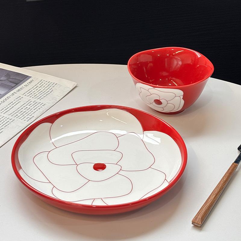 Red Camellia High-Value Ceramic Dishes, Tableware, Souvenir, Wedding Gift, Housewarming, New Home Dish Set