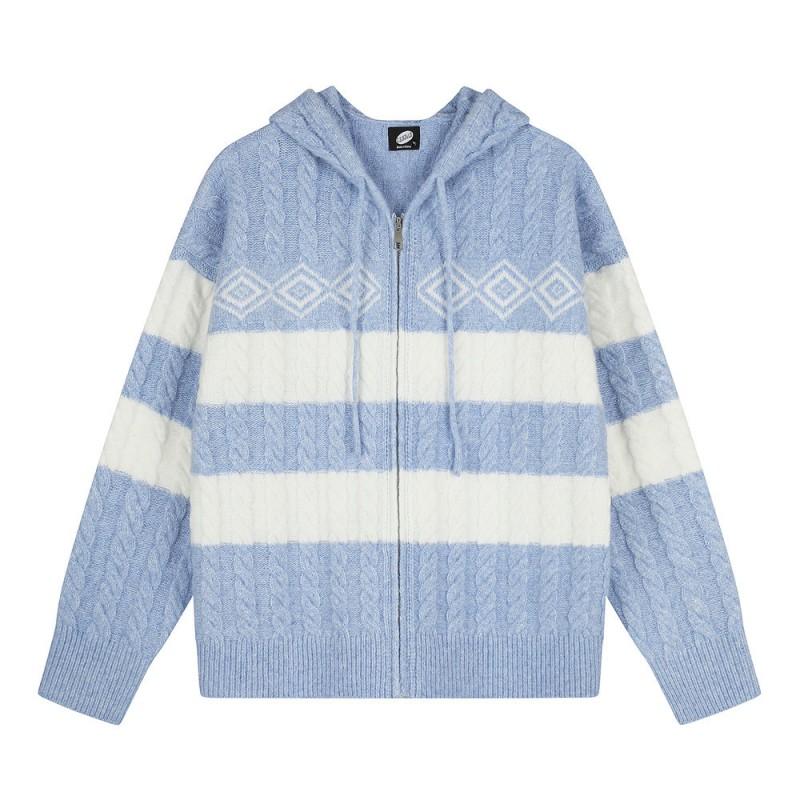Mens Striped Color Block Hooded Cardigan Sweatshirt Loose Casual Knit Jacket