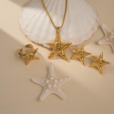 Summer Beach 14k Gold Plated  Vintage Threaded Starfish Necklace Earrings Open Ring Set Women Charm Jewelry Gift