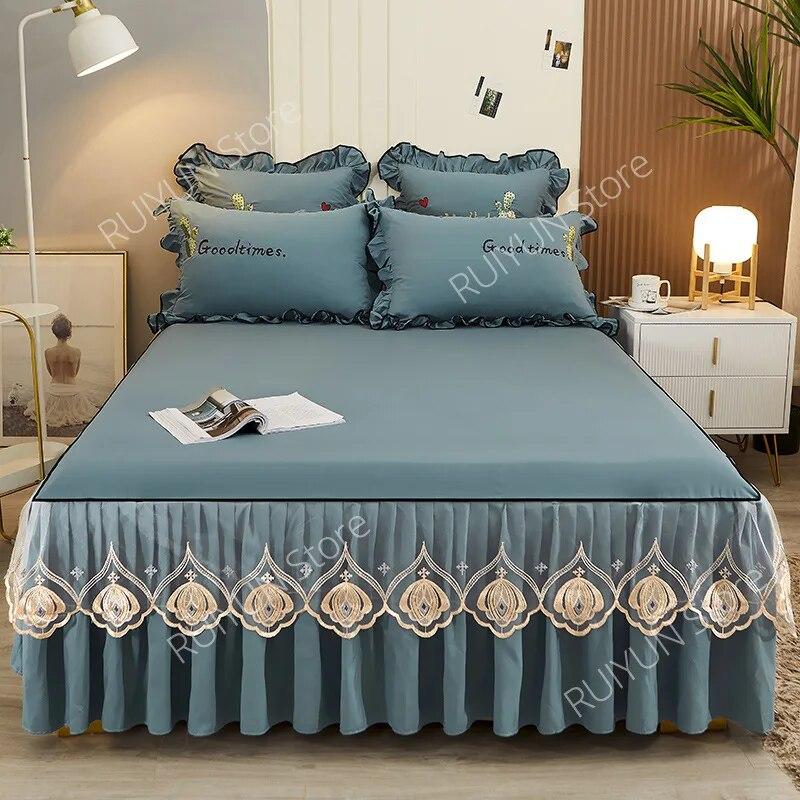 

Сплошное цветное постельное белье, юбка с рюшами, декоративная кружевная юбка-кровать, простыня, нескользящий чехол для матраса, чехол для кровати с поверхностью 1pc Skirt 150x200cm