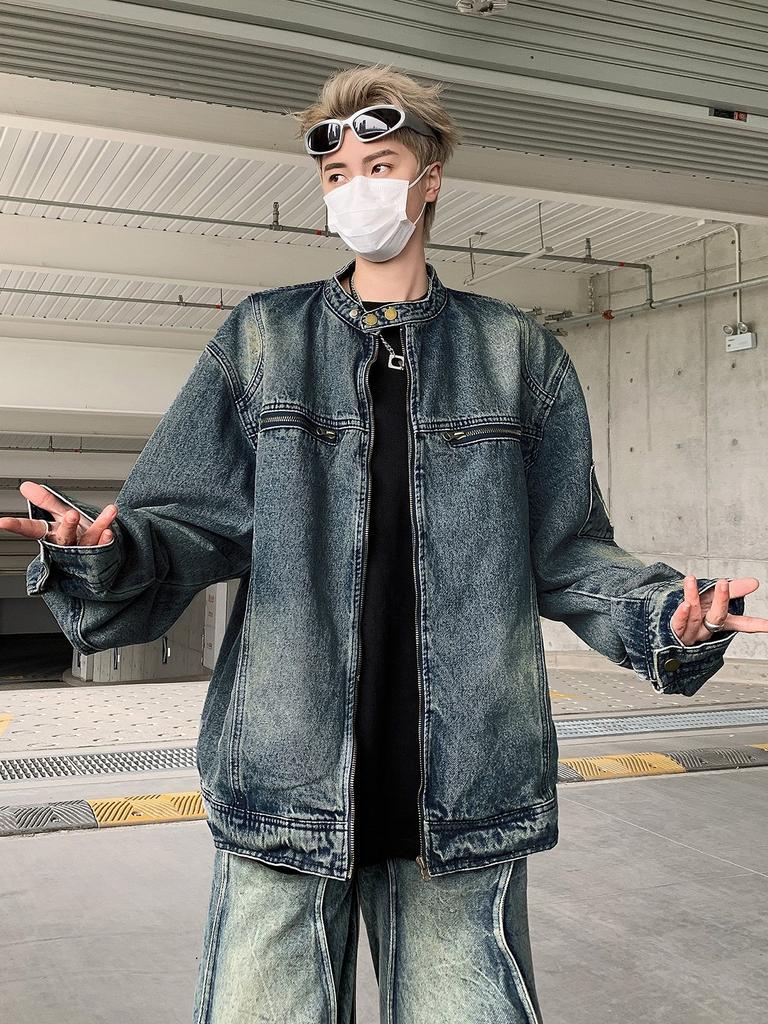 2025 Spring American High Street Locomotive Denim Jacket Men's Washed Old Trendy Brand Loose Casual Zipper Jacket