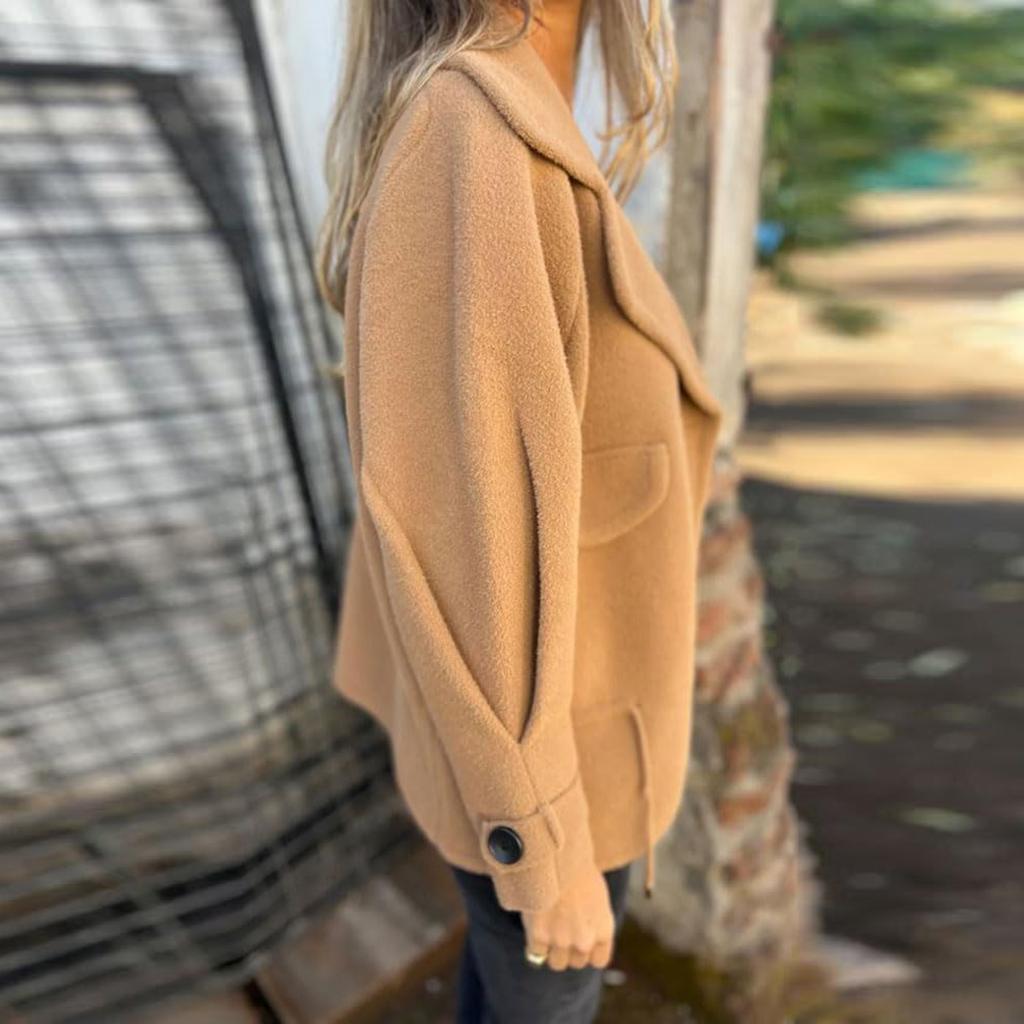 Women's Fashionable Solid Color Long Sleeved Casual Lapel Button Down Woolen Coat