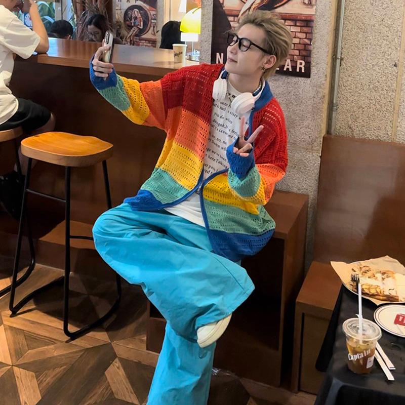 Unisex High-End Knitted Rainbow Cardigan with Zipper