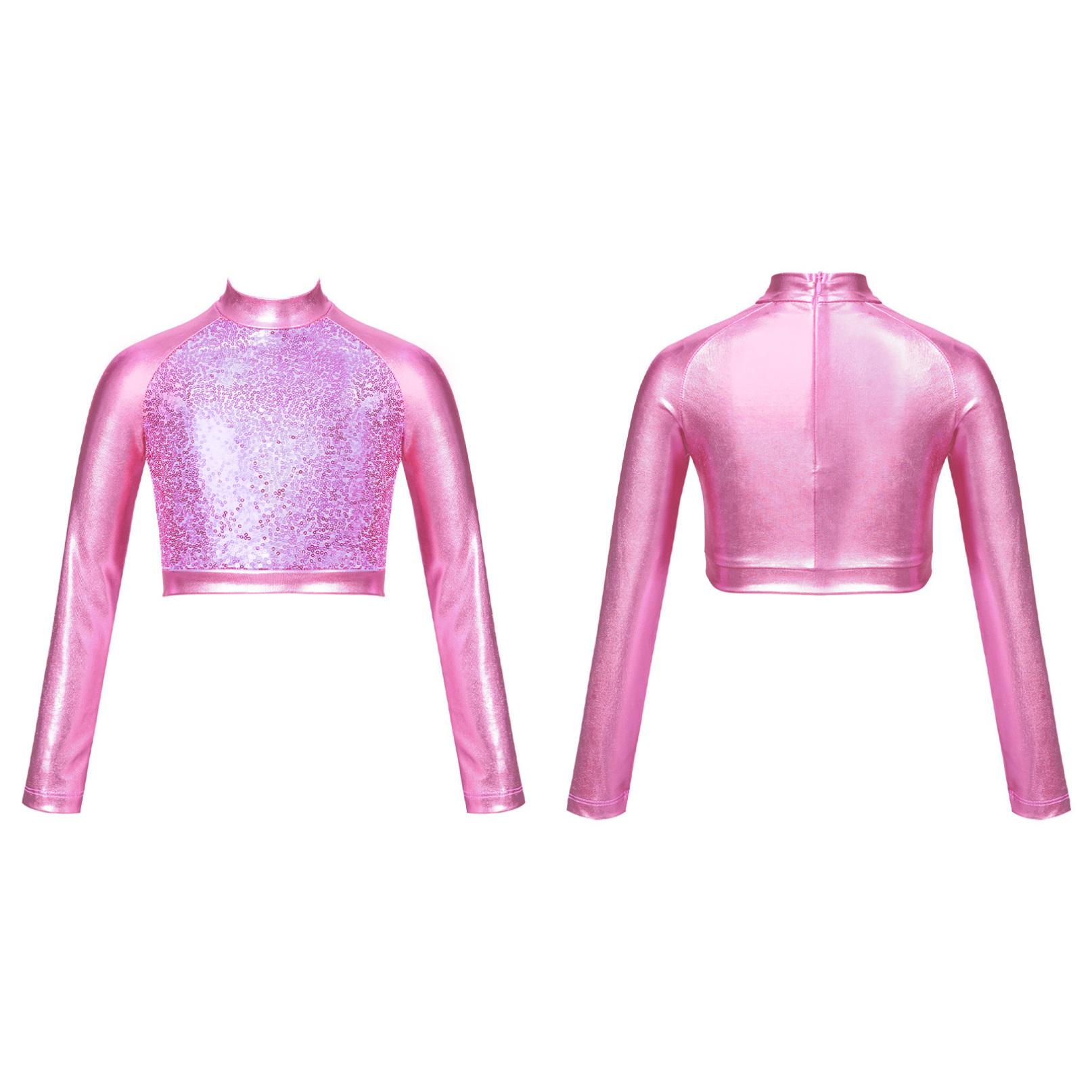 Kinder Mädchen Pailletten Glänzendes Crop Top Langarm Stehkragen Sporthemden Jazz Hip-Hop Tanzoberteile 5-6 Years rosa