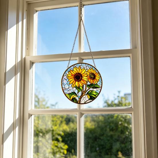 Sunflower Window Decor, Shatterproof Acrylic Glass Style Hanging Ornament with Rainbow Prism Effect, Easy Install Chain Included for Doors Patio,